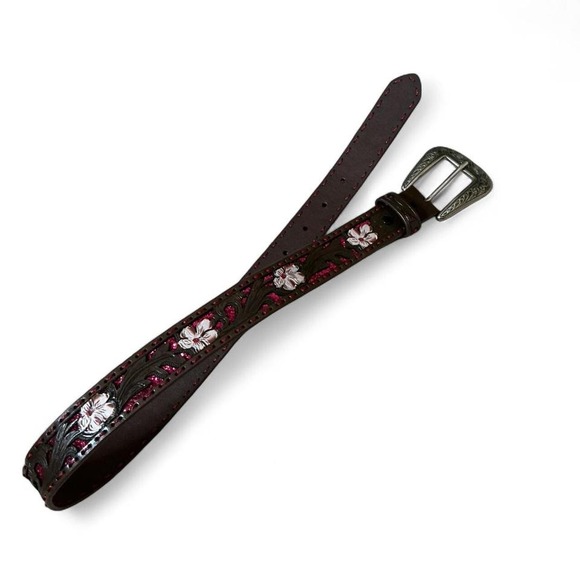 Shyanne Accessories - Shyanne Western Leather Belt Floral Glitter Rhinestone Buckle Brown